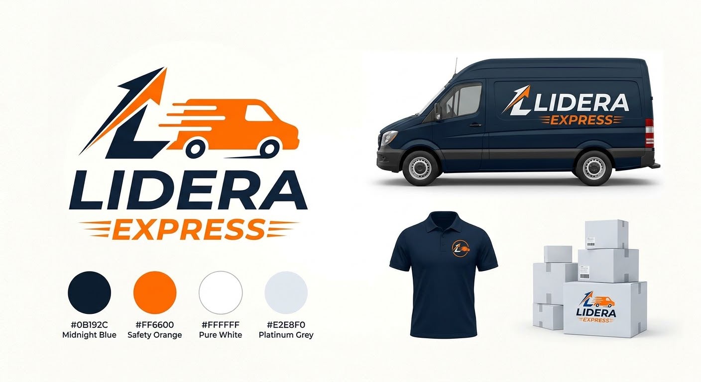 Aplicação ilustrativa da identidade Lidera Express em furgão azul-marinho